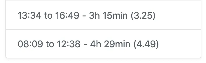 Example time card rows showing recorded times and durations