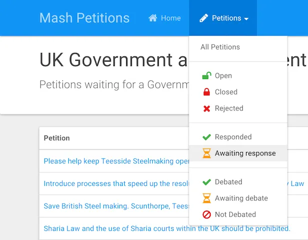 Filter petitions by status